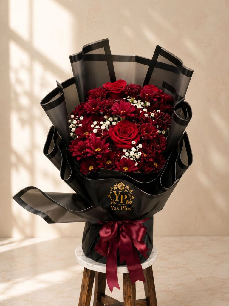 دسته گل نیکا با رز قرمز، داوودی خوشه‌ای زرشکی و ژیپسوفیلا سفید