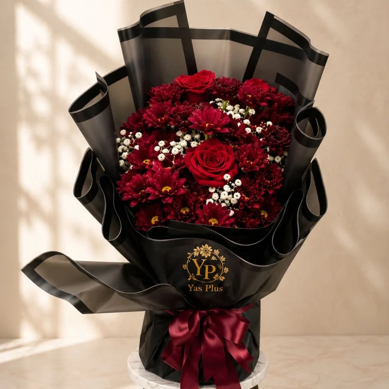 دسته گل نیکا با رز قرمز، داوودی خوشه‌ای زرشکی و ژیپسوفیلا سفید