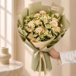 دسته گل رها با رز مینیاتوری گلبهی و گل بابونه
