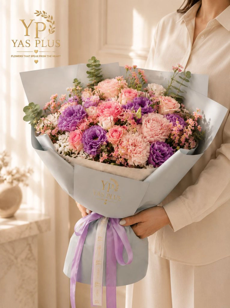دسته گل VIP آیدا با رز یاسی، رز مینیاتوری، لیسیانتوس، لیمونیوم و اکالیپتوس
