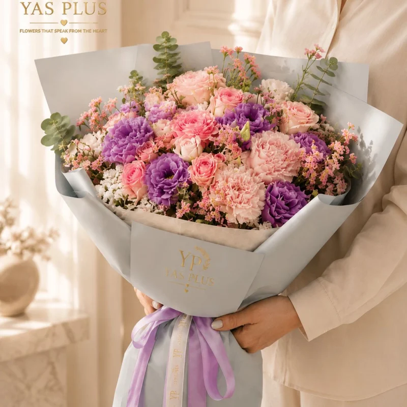 دسته گل VIP آیدا با رز یاسی، رز مینیاتوری، لیسیانتوس، لیمونیوم و اکالیپتوس