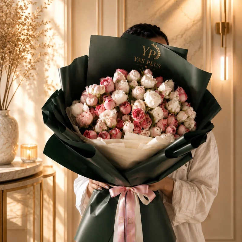 دسته گل VIP سایه با رزهای مینیاتوری گاردن صورتی و کالباسی