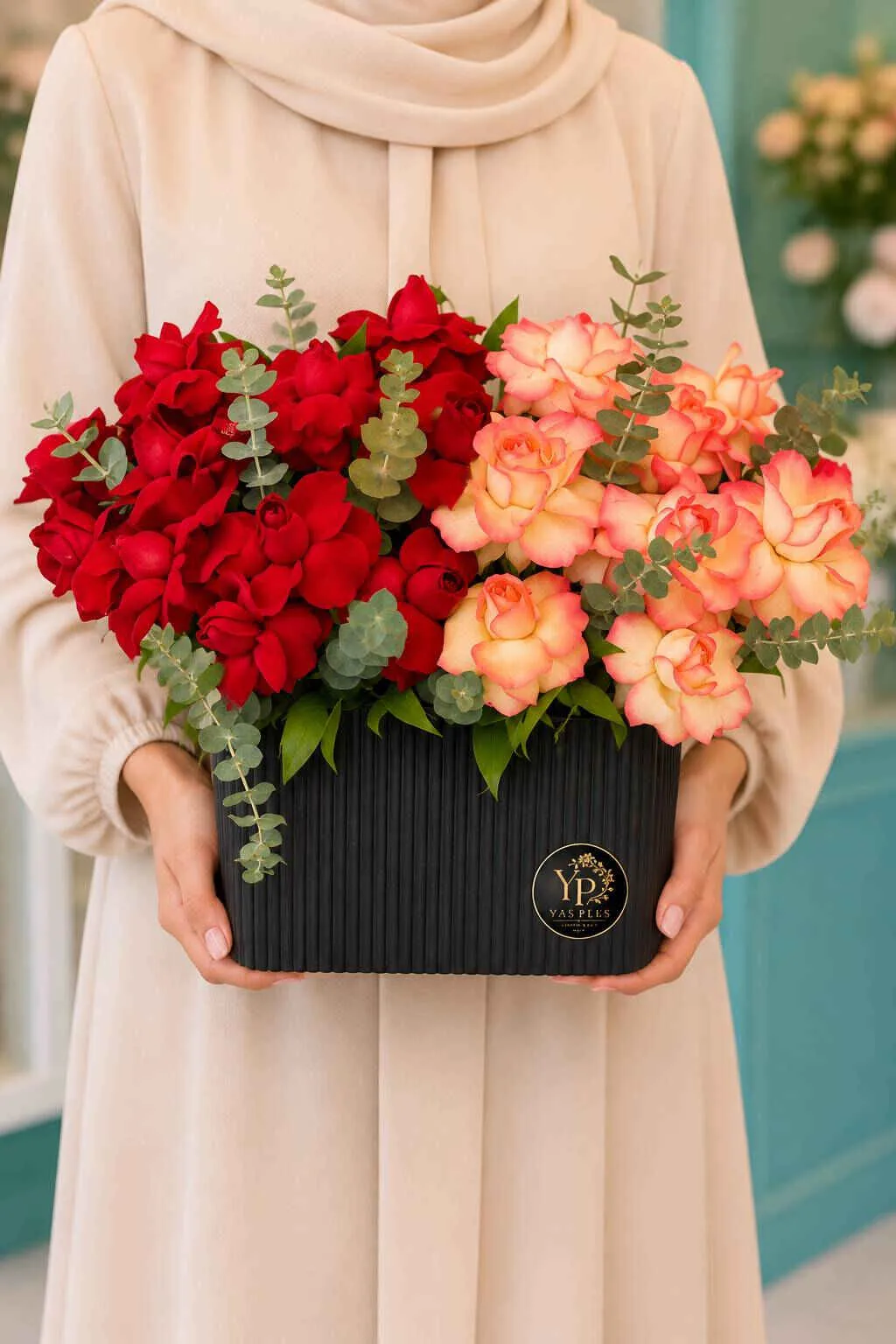 `red-peach-rose-flower-box-yas-plus *باکس گل رز قرمز و هلویی طبیعی داخل باکس مشکی لوکس یاس پلاس