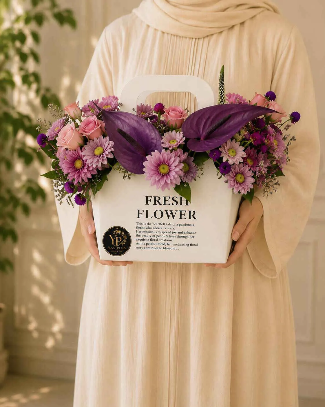 `yas-plus-purple-anthurium-pink-rose-luxury-flower-box باکس گل لوکس آنتوریوم بنفش و رز صورتی یاس پلاس با طراحی خاص