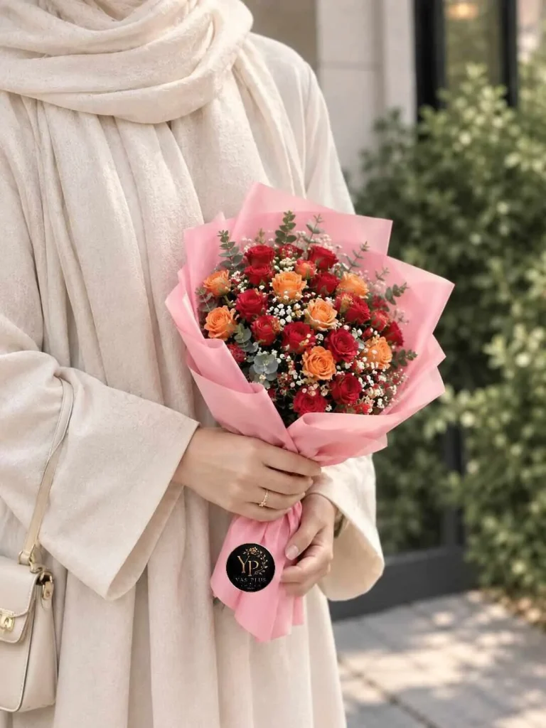دسته گل رز قرمز و نارنجی مهرا با کاغذپیچی صورتی و گل‌های سفید ریز