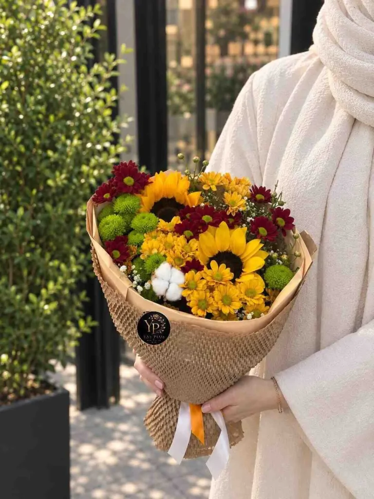 دسته گل آفتابگردان و داوودی آفتاب پاییزی با گل‌های زرد و زرشکی و کاغذپیچ کاهی